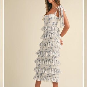 Amable Corset Cottage Floral Ruffle Maxi Dress M Tie Straps Cottagecore Prairie